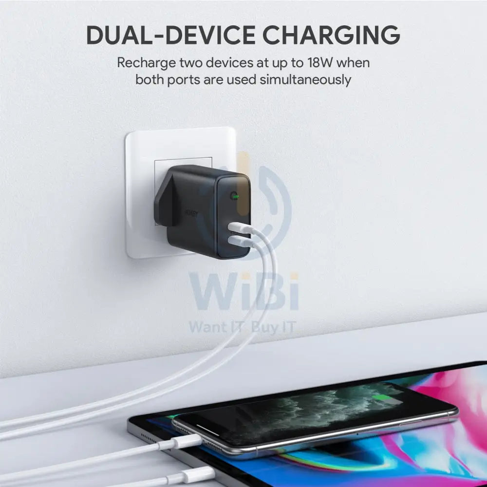 AUKEY مزدوجمنفذ حائط شاحن مع ديناميكي كشف - 36W / يو اس بي/ أسود اكسسوارات >محولات طاقة