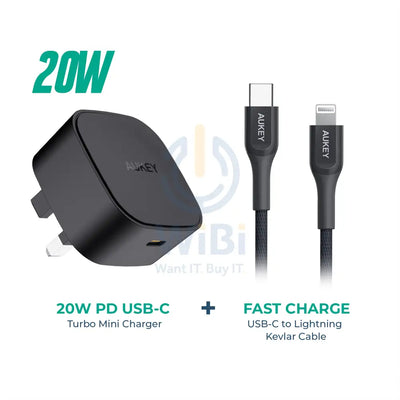 Aukey PA-Y25: 20W Adapter with Type C Output CB-CL1: 0.9mtrs USB-C to Lightning Cable - Black Accessories > Cables &