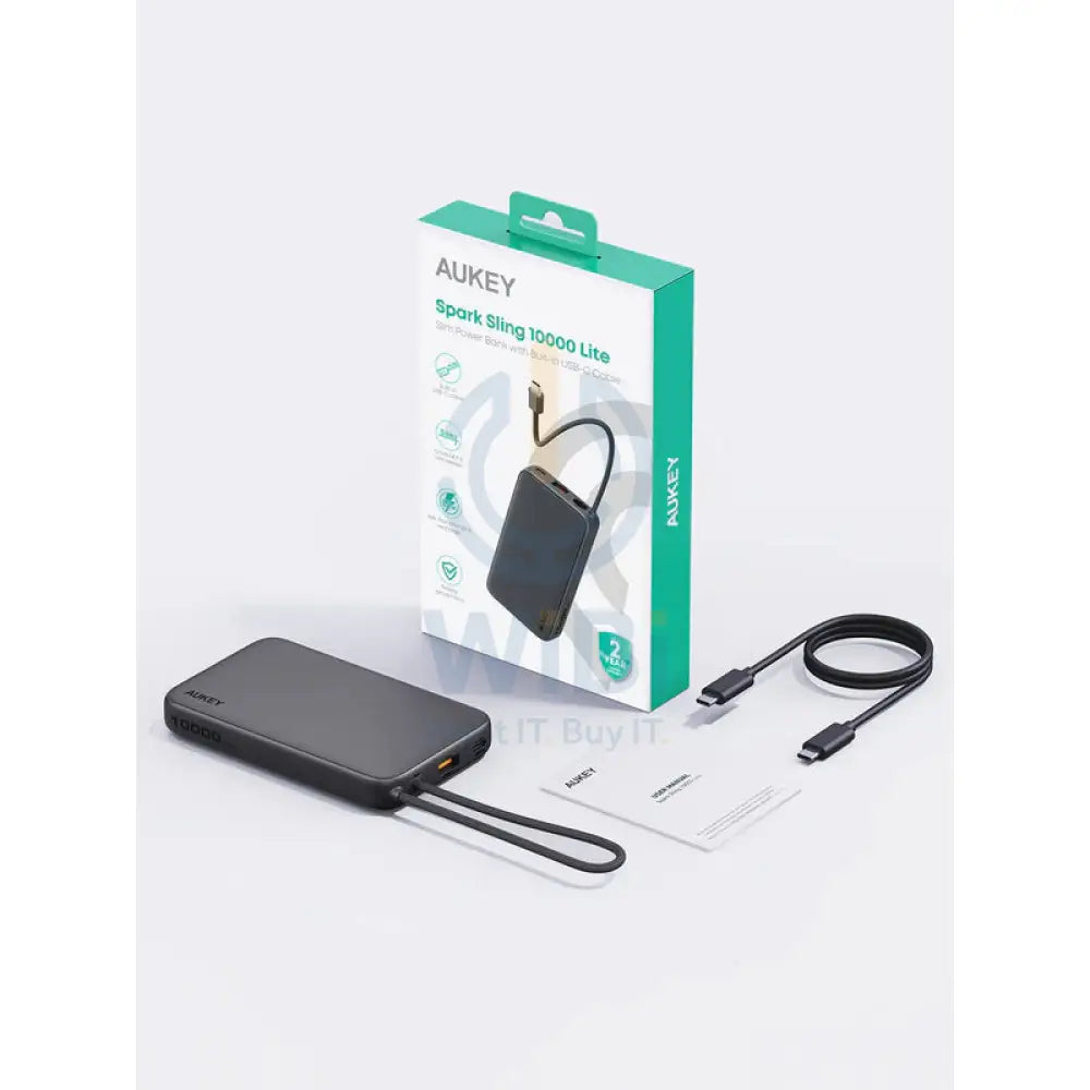 AUKEY PB Y53 Spark Sling Lite Slim Power Bank with Buit in USB C Cable 15W / 10,000mAh / USB C / Grey Accessories >