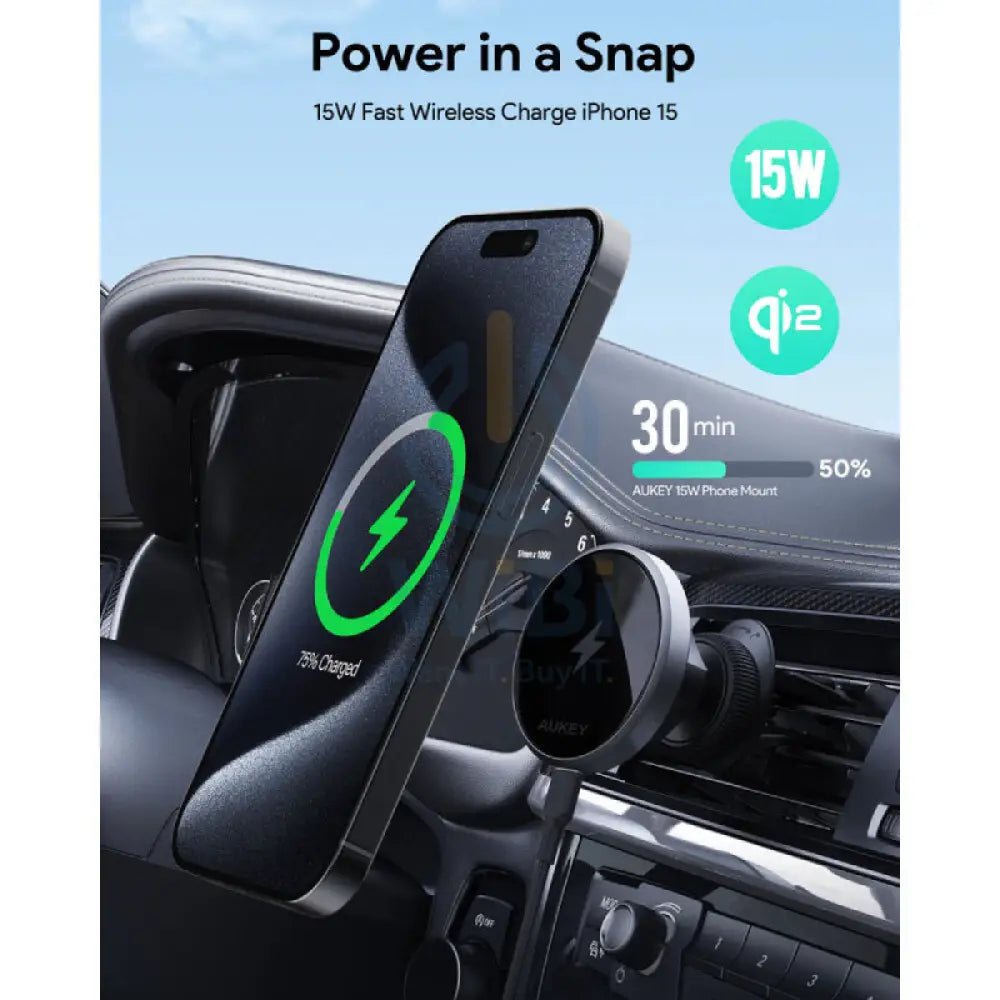 AUKEY Qi2 Wireless Car Vent Charging Mount Holder 15W / Black Accessories > Mobiles & Tablets > Mobiles > Mobile Holder