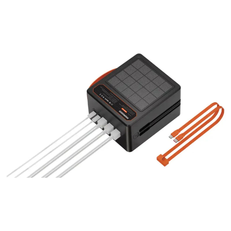 Porodo Larousse Solar Power Bank with LED Light and Built-in Cables - 160000mAh / 22.5W / USB-A / USB-C / Black