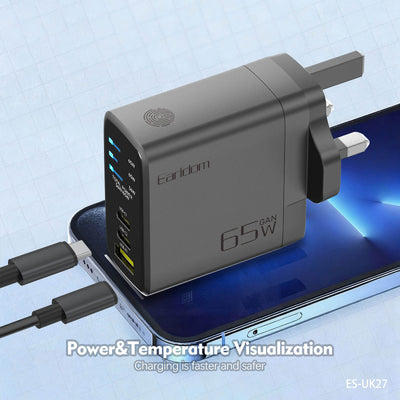 Earldom GaN Fast Charging Power Adapter - 65W / USB-C / USB-A / Black