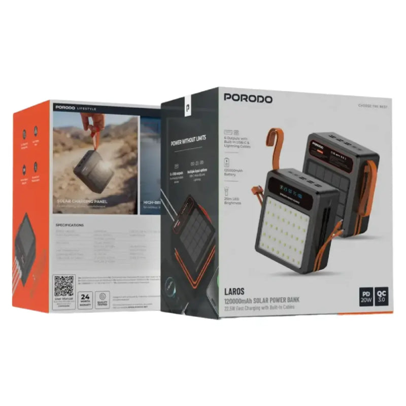 Porodo Larousse Solar طاقة  مع ضوء ال اي دي كبلات  بلت-ان كبلات  120000mAh / 22.5W / يو اس بي/ يو اس بي/ أسود