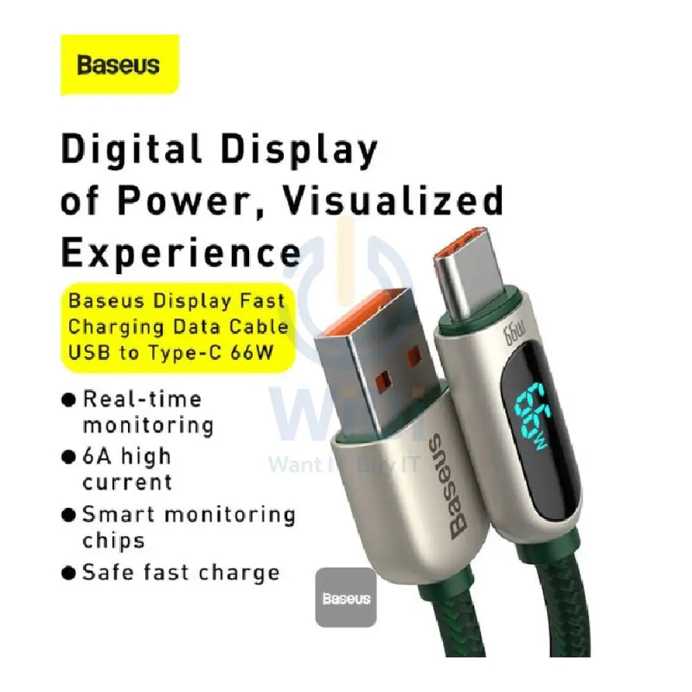 Baseus Display Fast Charging Data Cable - USB / Type-C / 66W / 1 Meter / Green Accessories > Cables & Converters >