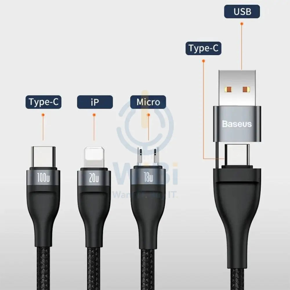 Baseus Flash Series Two-for-three Fast Charging Data Cable U+C to M+L+C - 1.2 Meters / 100W / Black