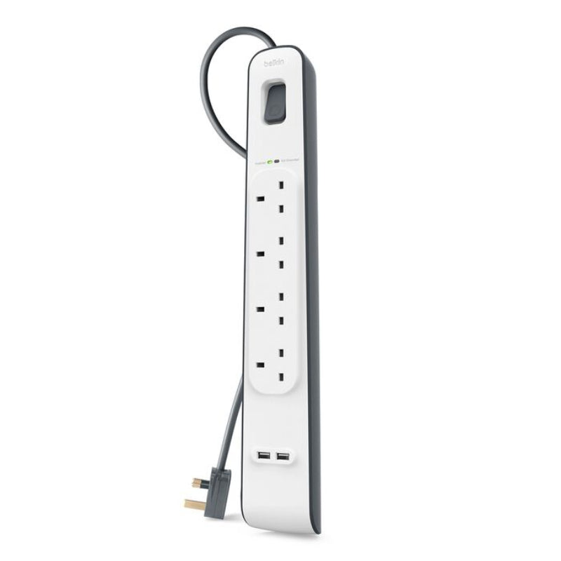 Belkin 4 Way Surge Protection Strip - 2M With 2 X 2.4Amp Usb Charging Power Extension - White