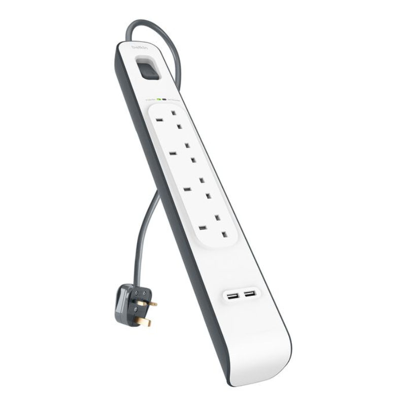 Belkin 4 Way Surge Protection Strip - 2M With 2 X 2.4Amp Usb Charging Power Extension - White