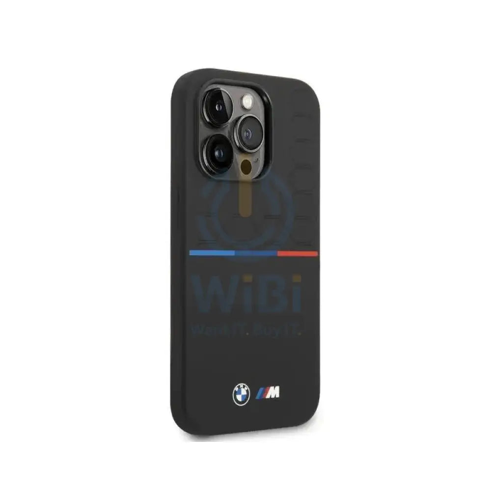 BMW iPhone 14 Pro M Collection Liquid Silicone Case Printed UV Varnish Pattern Tricolor Line & Logo - Black Accessories