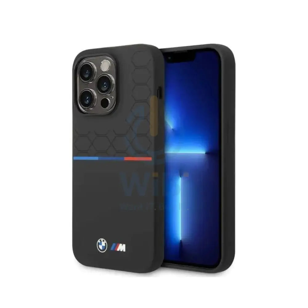 BMW iPhone 14 Pro M Collection Liquid Silicone Case Printed UV Varnish Pattern Tricolor Line & Logo - Black Accessories