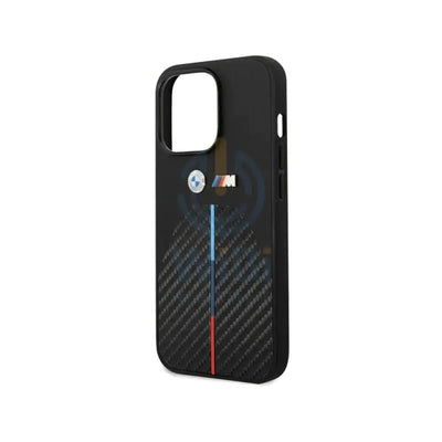 BMW iPhone 14 Pro M Collection Quilted PU Carbon Case with Hot Stamped Tricolor Stripe & Metal Logos - Black