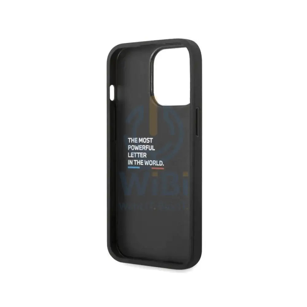 BMW iPhone 14 Pro M Collection Quilted PU Carbon Case with Hot Stamped Tricolor Stripe & Metal Logos - Black