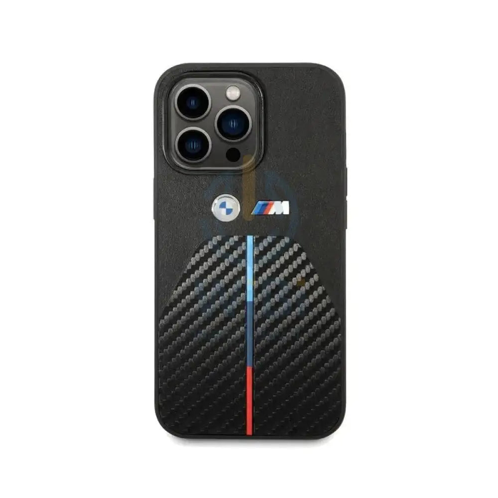 BMW iPhone 14 Pro Max M Collection Quilted PU Carbon Case with Hot Stamped Tricolor Stripe & Metal Logos - Black