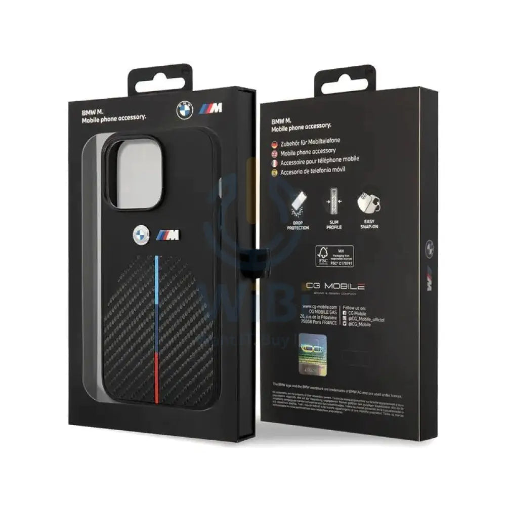 BMW iPhone 14 Pro Max M Collection Quilted PU Carbon Case with Hot Stamped Tricolor Stripe & Metal Logos - Black