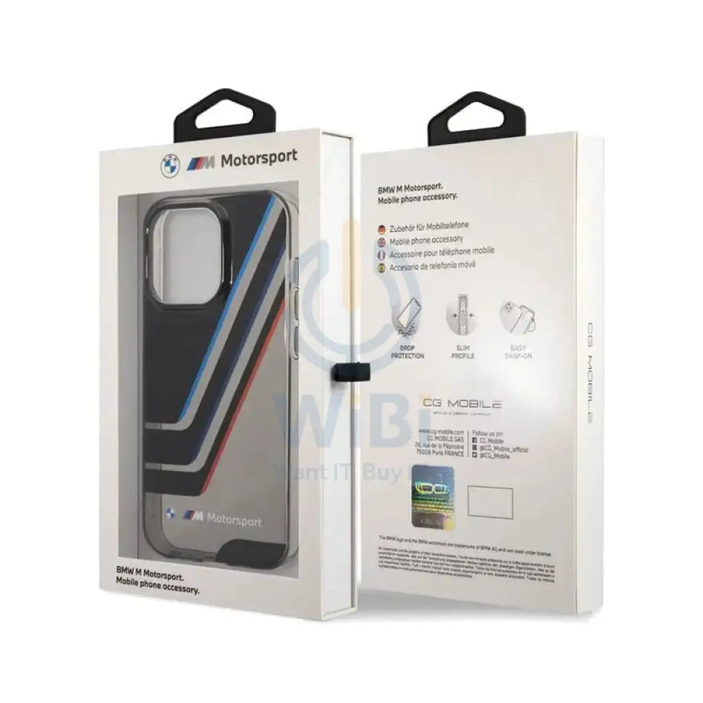 BMW iPhone 14 Pro Max Motorsport Collection PC/TPU IML Printed Tricolor Stripes Translucent Zones - Black Accessories >
