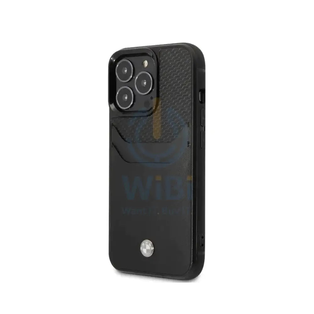 BMW iPhone 14 Pro Max Signature Collection Genuine Leather Case with Cardslot Embossed Pattern - Black Accessories >