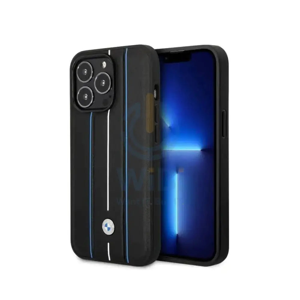BMW iPhone 14 Pro Max Signature Collection Genuine Leather Case with Hot Stamp Lines - Black Accessories > Mobiles &