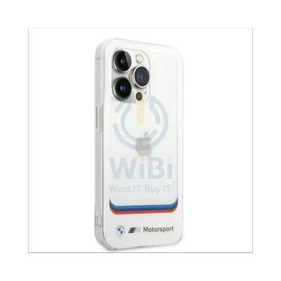 BMW iPhone 14 Pro Motorsport Collection PC/TPU IML Case Big Square Transparent and Printed Bottom Logo - White