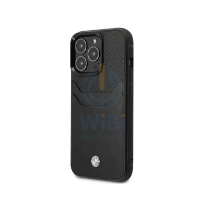 BMW iPhone 14 Pro Signature Collection Genuine Leather Case with Cardslot Embossed Pattern - Black Accessories >