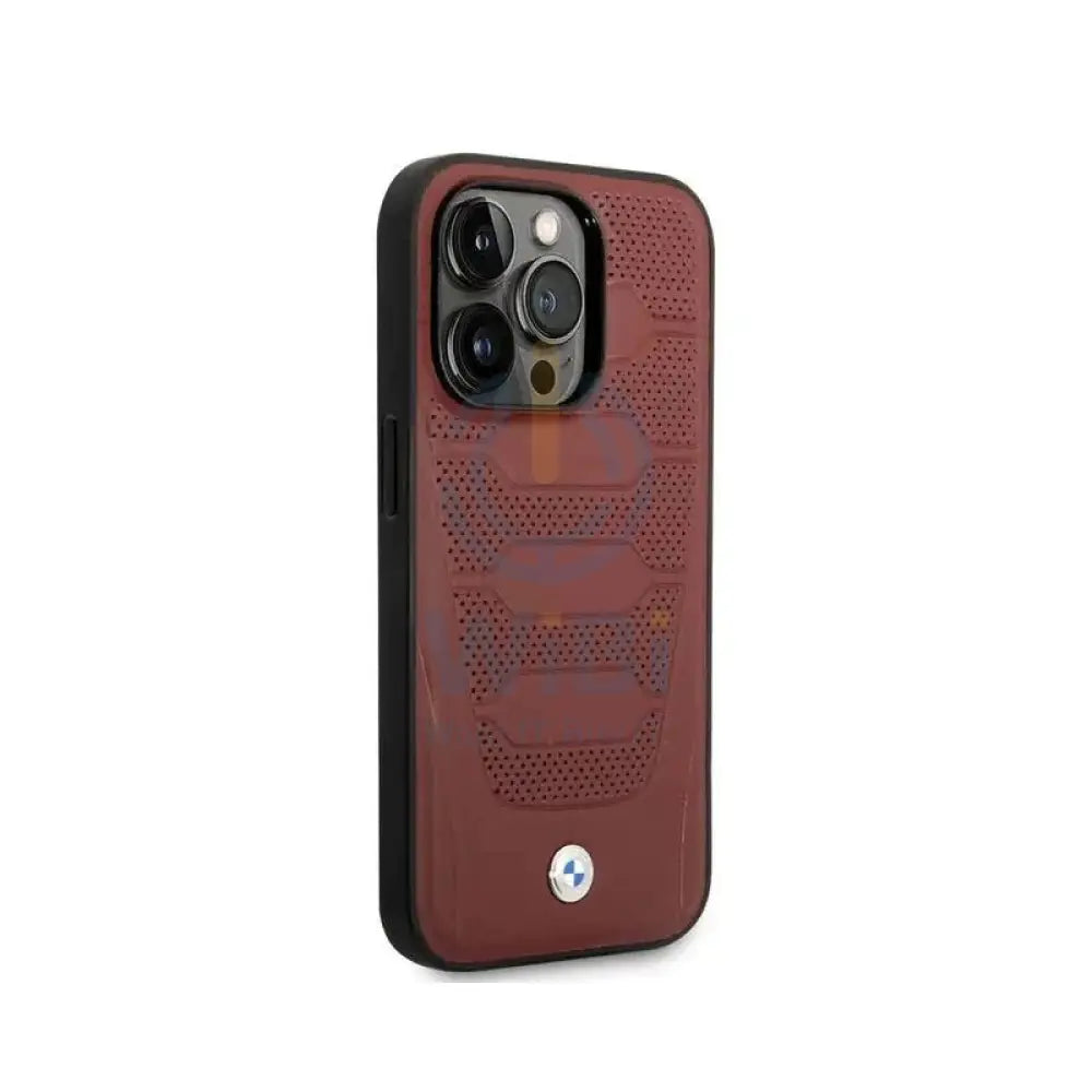 BMW iPhone 14 Pro Signature Collection Genuine Leather with Perforated Seats Design - Burgundy Accessories > Mobiles &