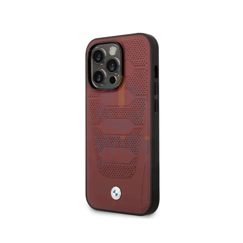 BMW iPhone 14 Pro Signature Collection Genuine Leather with Perforated Seats Design - Burgundy Accessories > Mobiles &