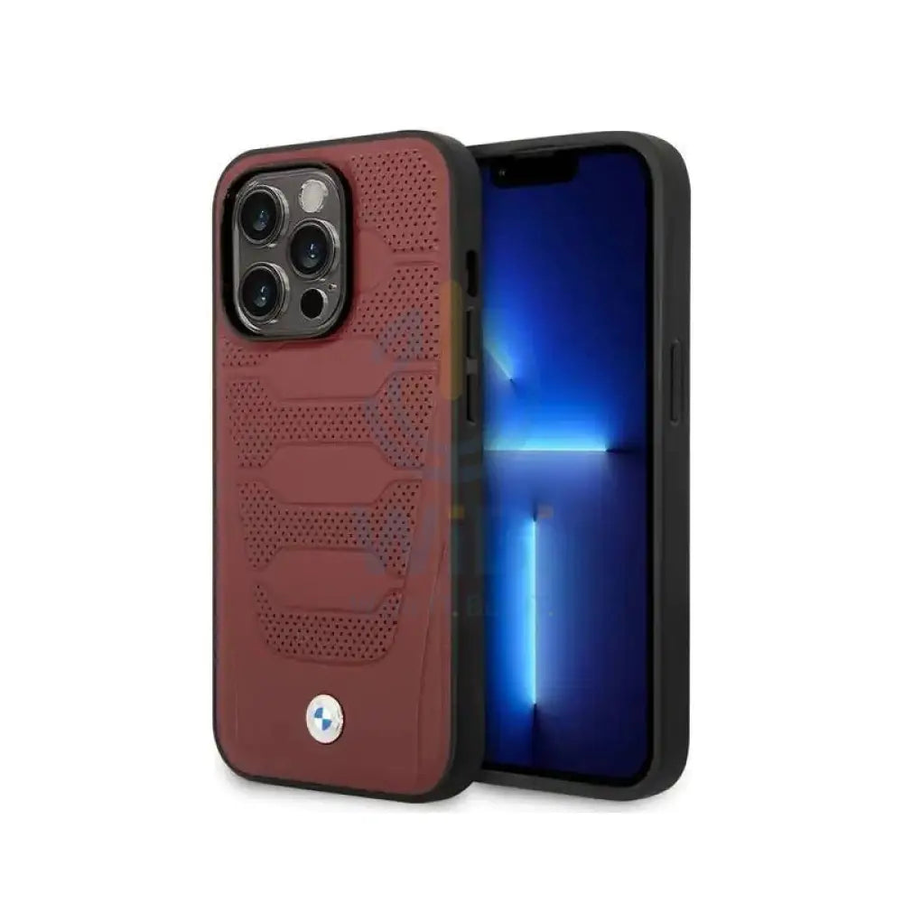 BMW iPhone 14 Pro Signature Collection Genuine Leather with Perforated Seats Design - Burgundy Accessories > Mobiles &