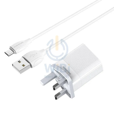 Borofone BA39B Dual USB Wall Charger - 100-240V / USB / Micro USB / White