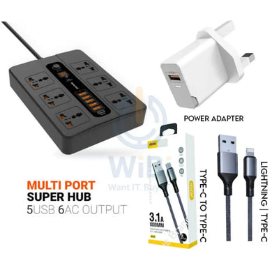 Bundle Deal - Porodo MultiPort Power Socket + Aspor 20W Charge + Lightning Cable + Type-C Cable 1 Meter Accessories >