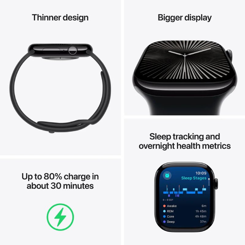 Apple Watch Series 10 with Sport Band - LTPO OLED / 64GB / 46mm / Medium/Large / Bluetooth / Wi-Fi / Cellular / Jet Black