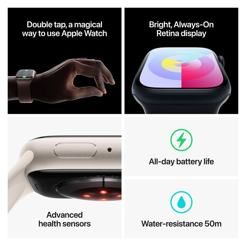 Apple Watch Series 9 with Sport Band - LTPO OLED / 64GB / 41mm / Small/Medium / Bluetooth / Wi-Fi / Cellular / Midnight