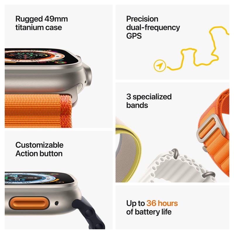 ابل ساعة ألترا - LTPO OLED / 32 جيجابايت / 49 مم / بلوتوث / بلوتوث  واي-فاي / خلوي / ميدنايت أوشنذكي ساعات > عرض