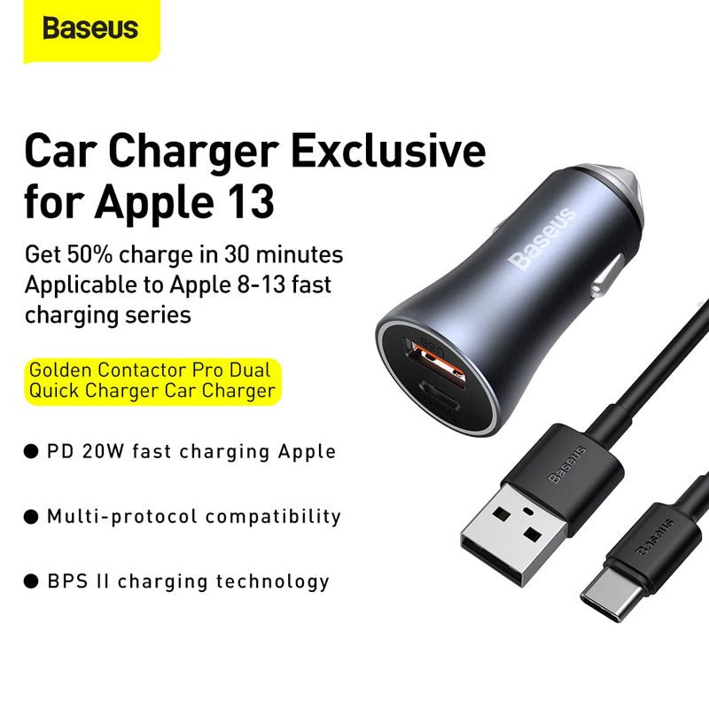 Baseus Golden Contactor Pro Dual Quick Charger - Car Charger / U+C 40W / Dark Gray