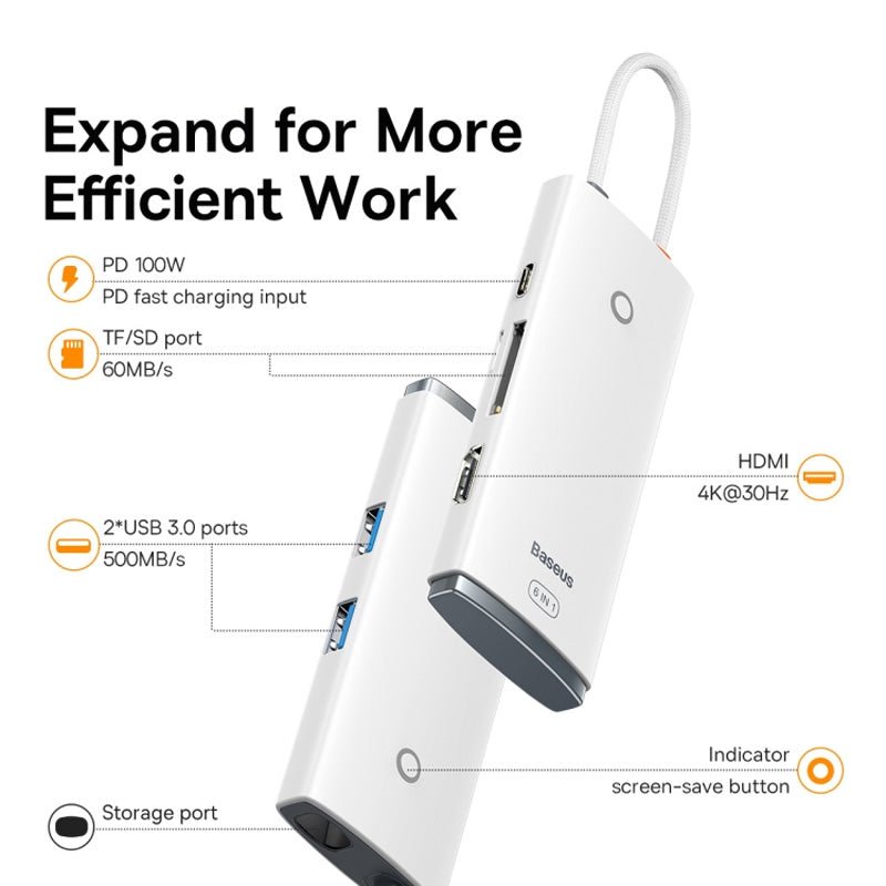 Baseus Lite Series 6-in-1 HUB Docking Station - White