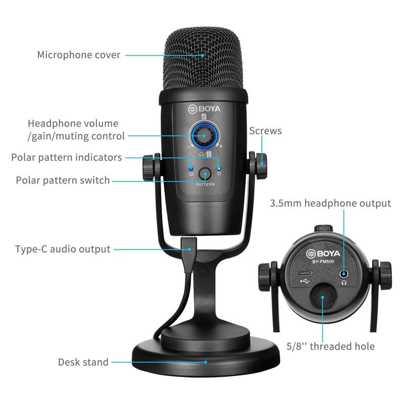 BOYA BY-PM500 USB Microphone - ‎Mono / 3.5mm Jack / USB / Type-C - Black