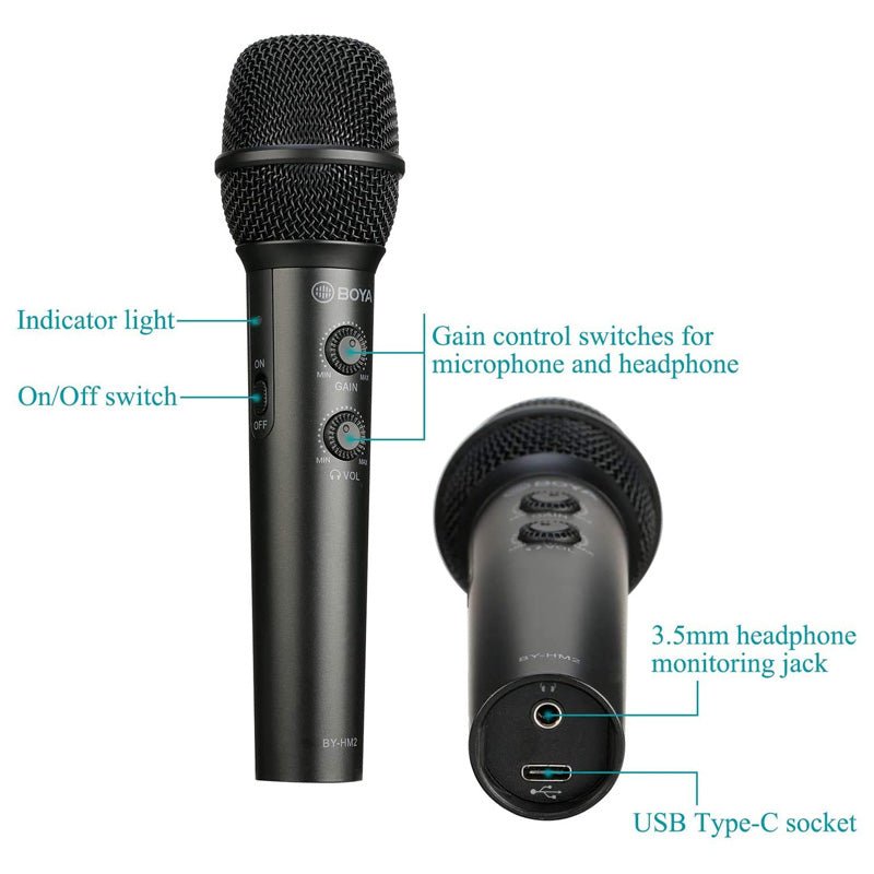 Boya HM2 Universal Digital Cardioid Handheld Microphone - 30Hz / USB / Lightning / Type-C - Black