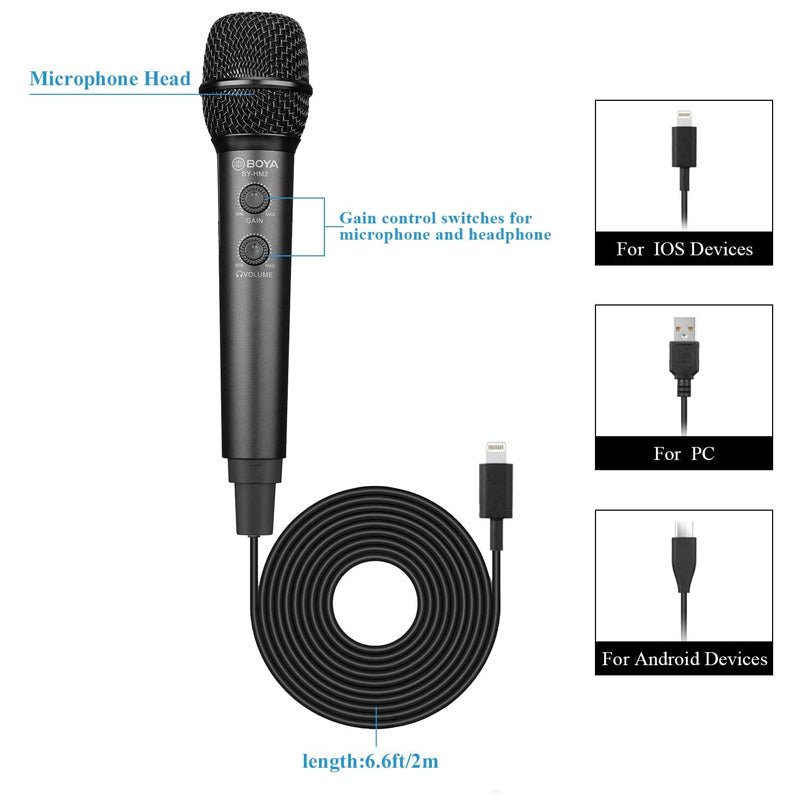 Boya HM2 Universal Digital Cardioid Handheld Microphone - 30Hz / USB / Lightning / Type-C - Black