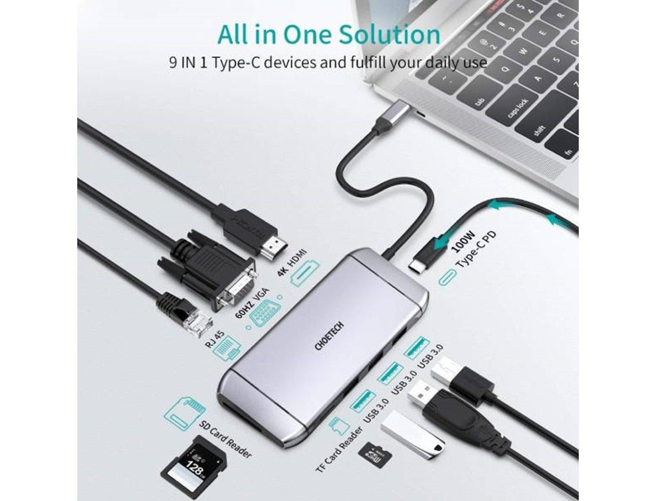 Choetech 9 In 1 USB C HUB - Silver