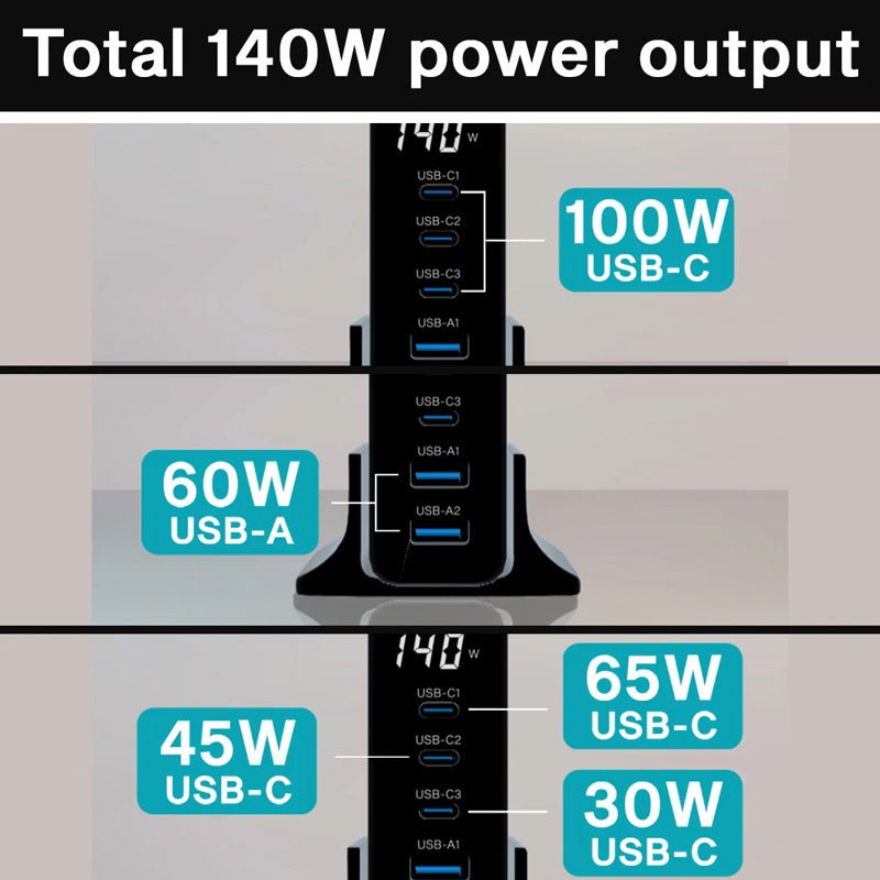 Engage 140W 5 Ports Desktop USB HUB - Black