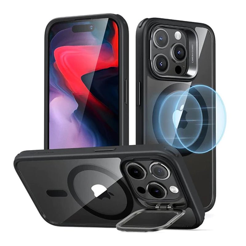 ESR كلاسيك هايبرد حافظة مع  حامل  مخبأ (هالو لوك) - ابل ايفون 15 برو / شفاف  و أسود اكسسوارات > هواتف  و