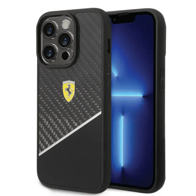 Ferrari iPhone 14 Pro Max Bimaterial Carbon Case & Polycarbonate & Silver Stripe - Black Accessories > Mobiles &