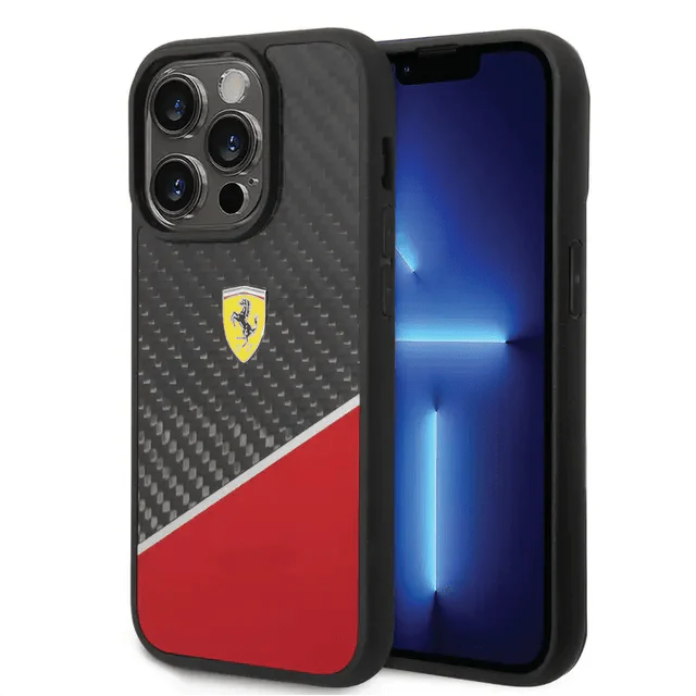 Ferrari iPhone 14 Pro Max Bimaterial Carbon Case & Polycarbonate & Silver Stripe - Red Accessories > Mobiles & Tablets