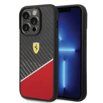 Ferrari iPhone 14 Pro Bimaterial Carbon Case & Polycarbonate & Silver Stripe - Red Accessories > Mobiles & Tablets >