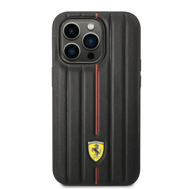 Ferrari iPhone 14 Pro Max Leather Case With Embossed Stripes & Yellow Shield Logo - Black Accessories > Mobiles &