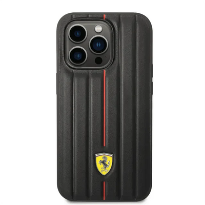 Ferrari iPhone 14 Pro Max Leather Case With Embossed Stripes & Yellow Shield Logo - Black Accessories > Mobiles &
