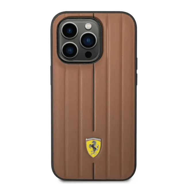 Ferrari iPhone 14 Pro Leather Case With Embossed Stripes & Yellow Shield Logo - Camel Accessories > Mobiles & Tablets >