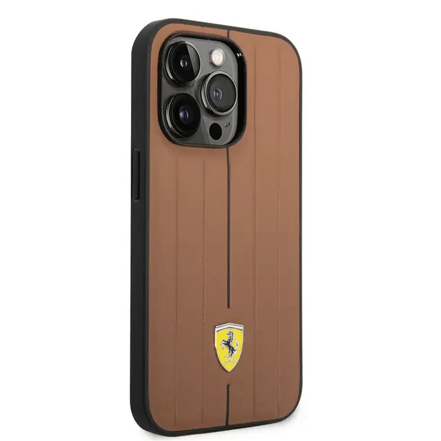 Ferrari iPhone 14 Pro Max Leather Case With Embossed Stripes & Yellow Shield Logo - Camel Accessories > Mobiles &