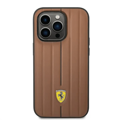 Ferrari iPhone 14 Pro Max Leather Case With Embossed Stripes & Yellow Shield Logo - Camel Accessories > Mobiles &