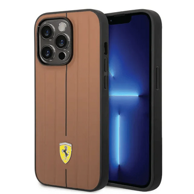 Ferrari iPhone 14 Pro Max Leather Case With Embossed Stripes & Yellow Shield Logo - Camel Accessories > Mobiles &