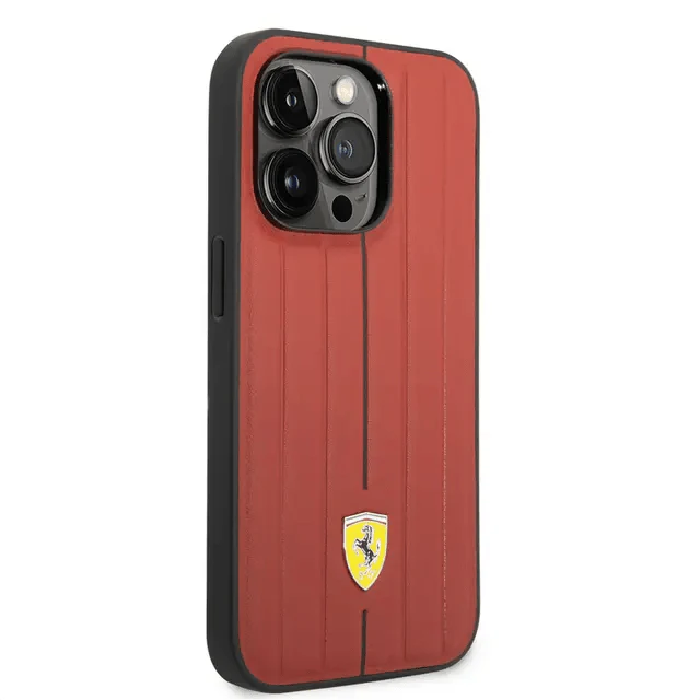 Ferrari iPhone 14 Pro Leather Case With Embossed Stripes & Yellow Shield Logo - Red Accessories > Mobiles & Tablets >