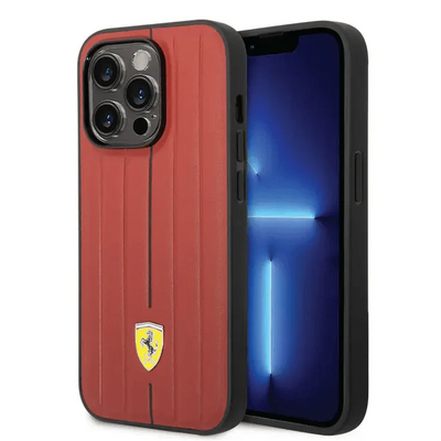 Ferrari iPhone 14 Pro Leather Case With Embossed Stripes & Yellow Shield Logo - Red Accessories > Mobiles & Tablets >
