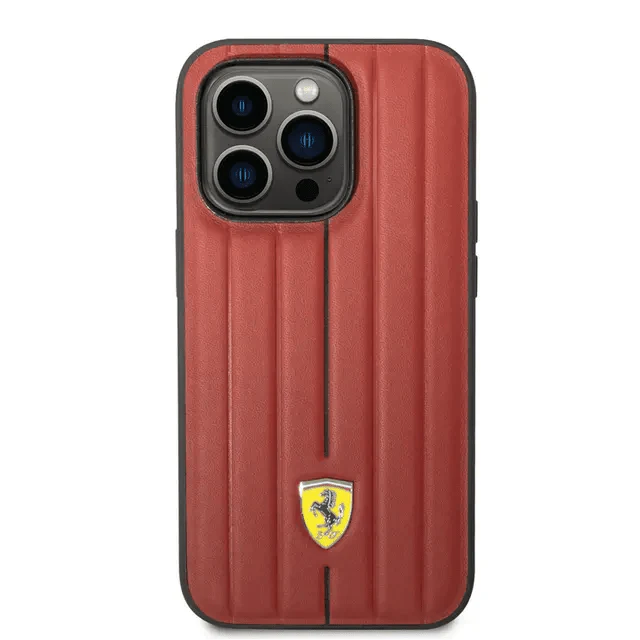 Ferrari iPhone 14 Pro Leather Case With Embossed Stripes & Yellow Shield Logo - Red Accessories > Mobiles & Tablets >